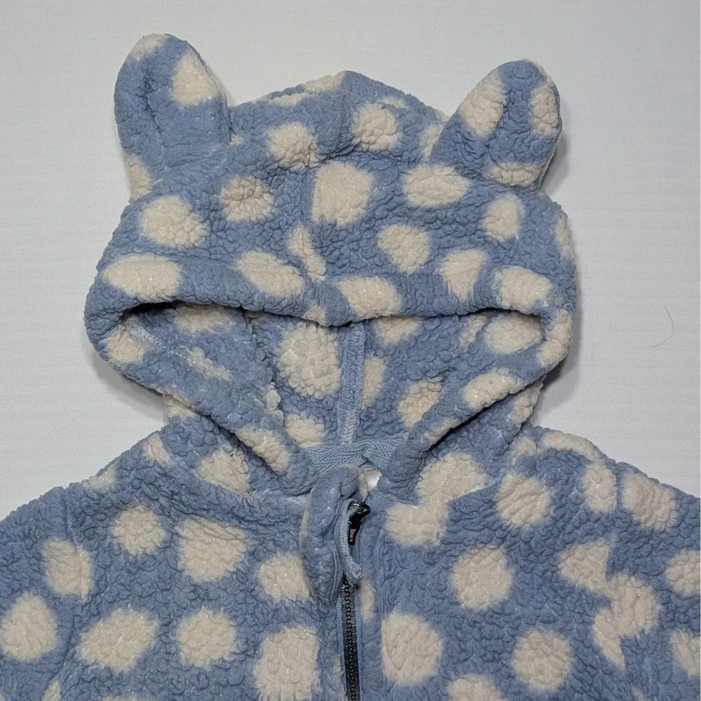 Hanna Andersson Baby 6-12M 70cm Blue White‎ Dot Sherpa Bear Ear Hoodie Jacket